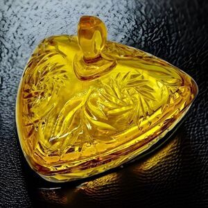 Hazel Atlas Gold Amber Pinwheel Triangle Candy Box w/ Finial Lid